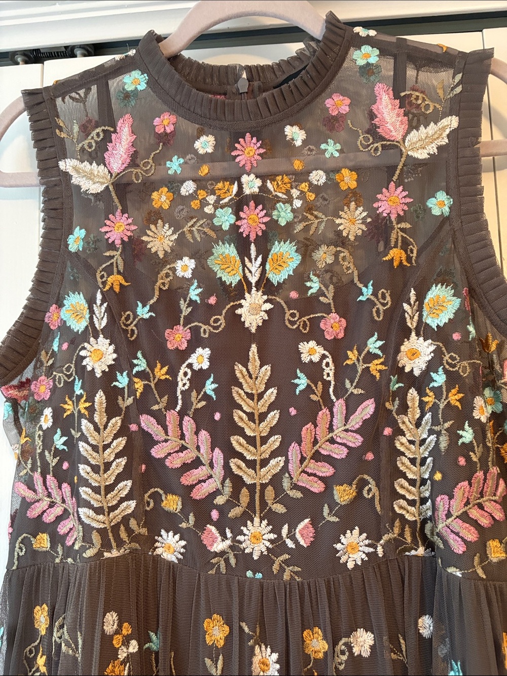 Sundance Brown Maxi Dress with Multicolor Floral Embroidery overlay.